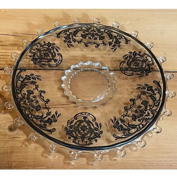 VTG? Heisey Lariat Round Platter w/ black floral over lay. footed. 10.5" dia - Picture 1 of 5